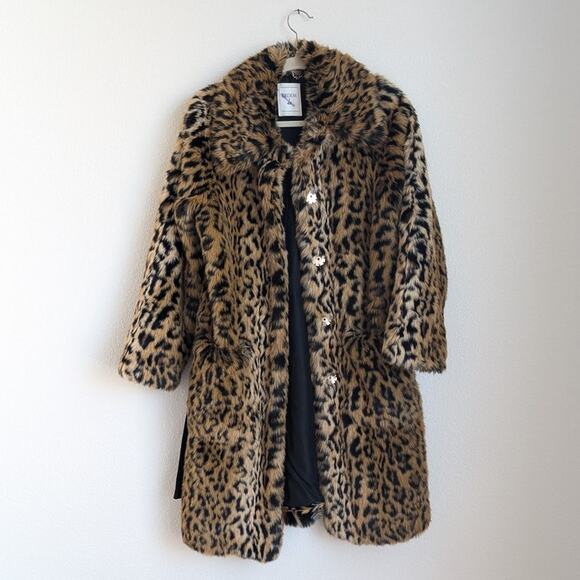 Erdem x H&M Leopard Animal Print Faux Fur Long Coat Overcoat, size 4 - Picture 1 of 10